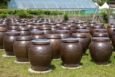 Earthenware arranged on grass