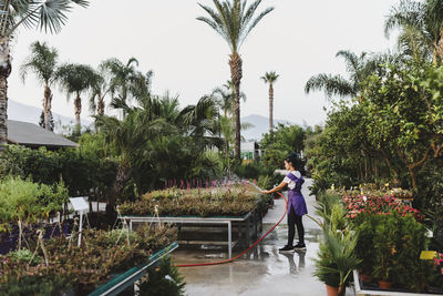 Female owner watering plants in garden center