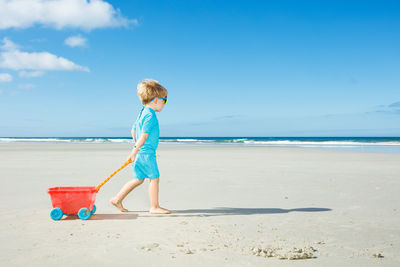 Rear view of boy standing at beach against sky