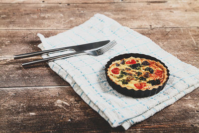 High angle view of pizza on table