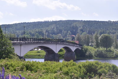 Arch bridge over river against sky