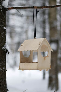 Close-up of birdhouse on tree against building