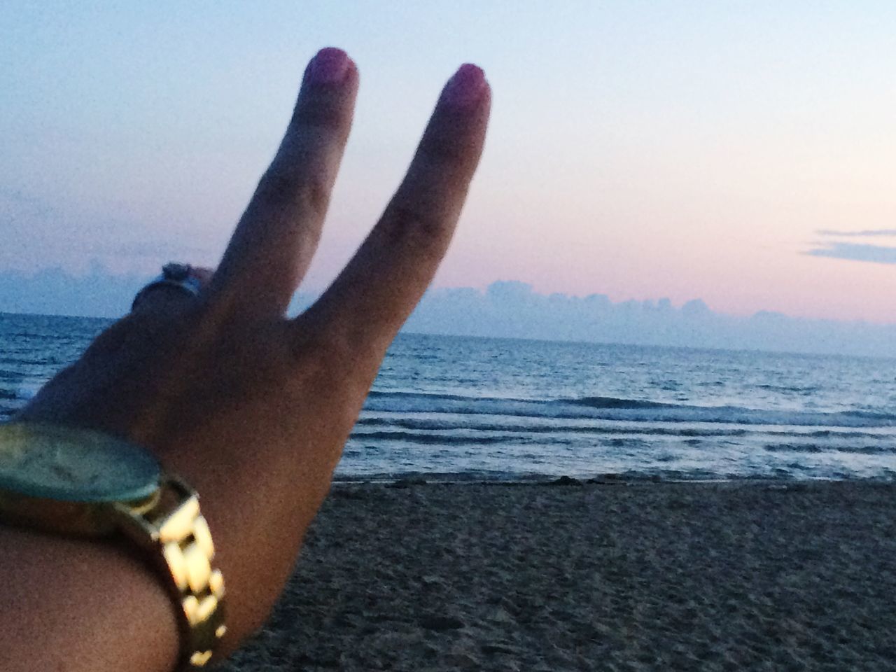 CROPPED IMAGE OF HAND AGAINST SEA DURING SUNSET