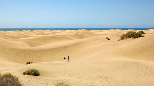 Scenic view of sand dunes by sea against sky