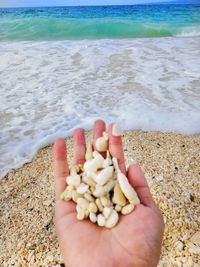 Cropped image of hand holding sand at beach