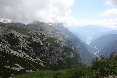 Panoramic view of valley and mountains against sky