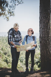Full length of man with friend reading map at forest