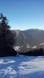 Scenic view of mountains against clear blue sky