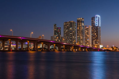 Illuminated bridge over river by buildings against sky at night