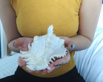 Midsection of woman holding seashell