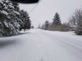 Road amidst snow covered trees against sky