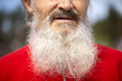 Close-up of an old man's mouth, mustache and long gray beard