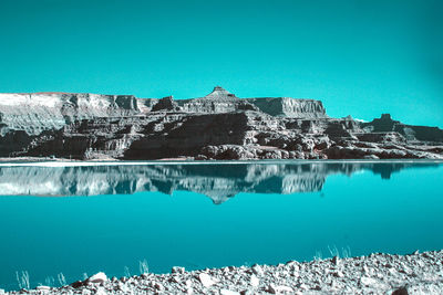 Panoramic view of sea against clear blue sky