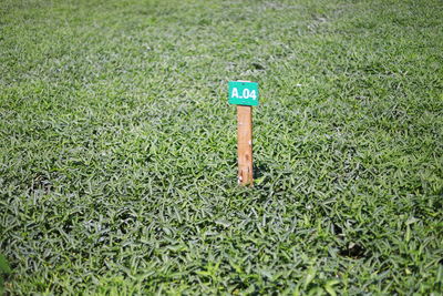 High angle view of sign on field