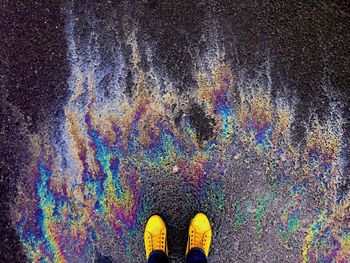 Low section of person standing on wet road