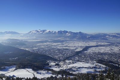 Scenic view of snowcapped mountains against clear sky