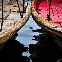 Close-up of boats moored in lake