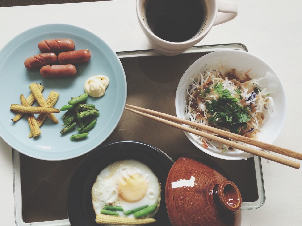 food and drink, food, freshness, indoors, plate, ready-to-eat, healthy eating, still life, table, bowl, meal, serving size, high angle view, spoon, directly above, served, fork, salad, indulgence, drink