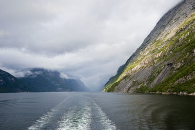 Scenic view of sea and mountains against sky