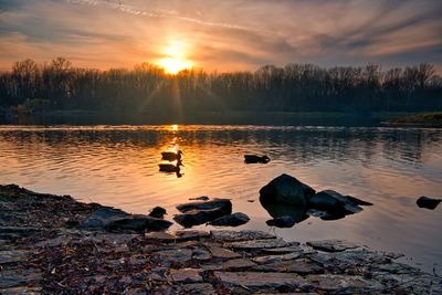 Scenic view of lake against sky during sunset