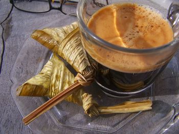 High angle view of coffee on table