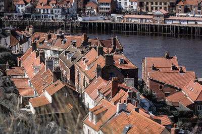 High angle view of houses in town