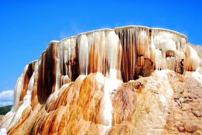 Close-up of snow on rock against clear sky