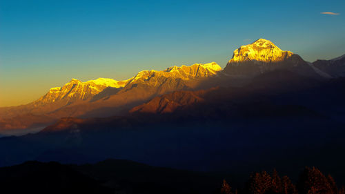 Scenic view of snowcapped mountains against sky during sunset