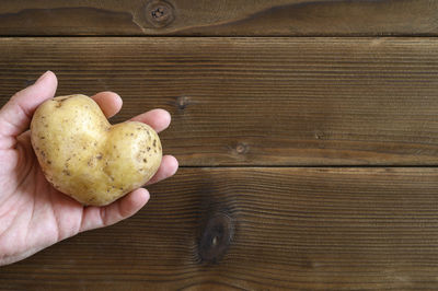 Close-up of hand holding bread on table