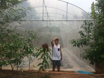 Portrait of boy gesturing peace sign against greenhouse