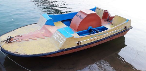 High angle view of boats moored in lake