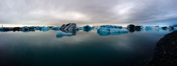 Panoramic view of frozen lake against sky