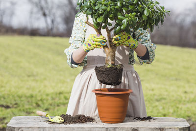 Midsection of woman holding potted plant