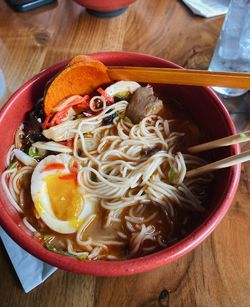 High angle view of noodles in bowl on table