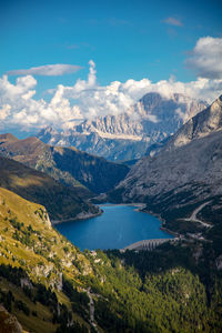 Scenic view of lake and mountains against sky