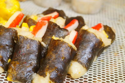 High angle view of food on barbecue grill