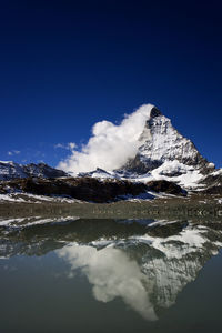 Scenic view of lake and snowcapped mountains against sky