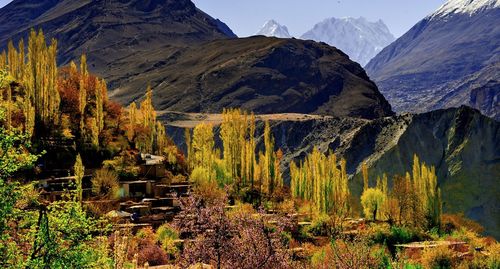 Scenic view of mountains against sky during autumn