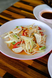 High angle view of food in bowl on table