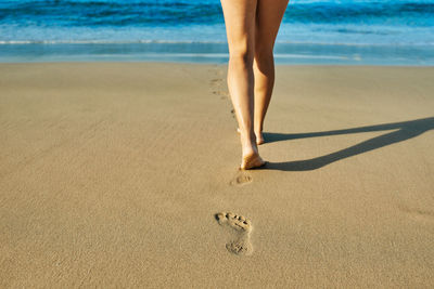 Low section of woman standing at beach