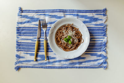 High angle view of food in plate on table