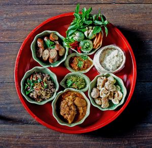 High angle view of salad in bowl on table