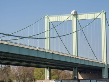 Low angle view of suspension bridge against sky