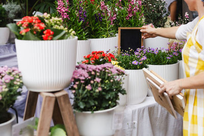 Woman gardener holding signing board at plants store.