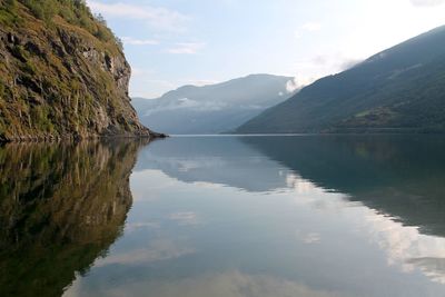 Scenic view of lake and mountains against sky