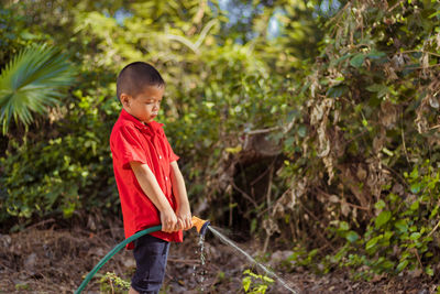 Rear view of boy looking away