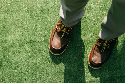 Low section of man standing on field