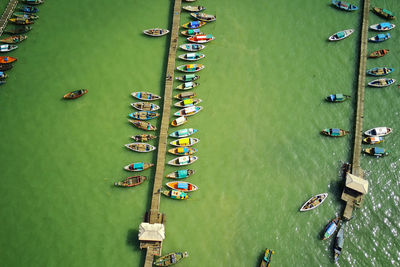 High angle view of boats moored in river