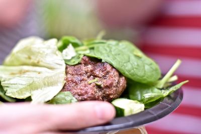 Close-up of hand holding plate with grilled burger