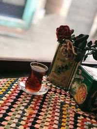 High angle view of wine bottles on table